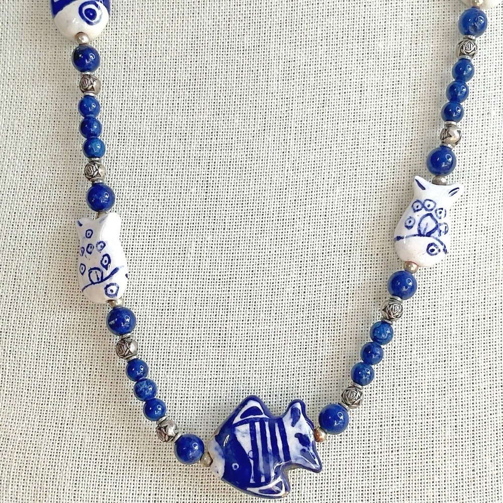 Blue White Ceramic Porcelain‎ Fish Beaded Necklace Asian Style Silver Tone 28in